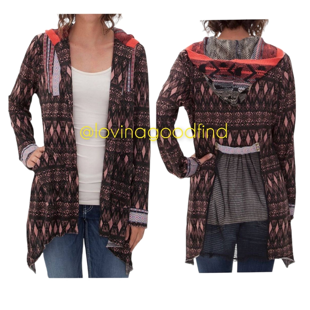 Urban Outfitters BKE Southwest Aztec Diamond Print Mesh Back Open Hoodie EUC L